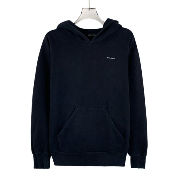 J19805 Balenciaga Black logo letter embroidered cotton hooded drawstring long-sl
